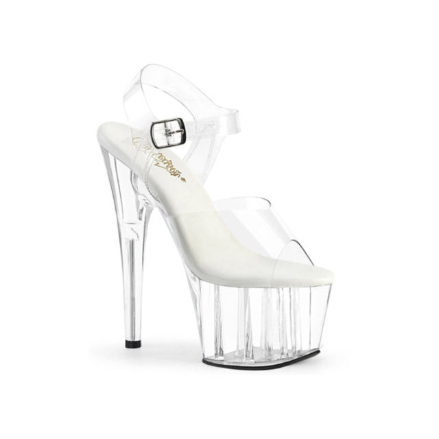 The ADO708VL/C/M size 10 is a chic platform shoe with a transparent design from the heel to the platform. It includes an ankle strap and buckle and features faux leather insoles that deliver a soft, light-colored footbed. The sandal is true to size for an