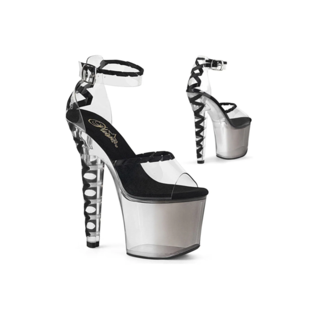 Introducing the LOVESICK-712T Size 11: These stunning clear platform high heels feature elegant black straps with an ankle buckle. The heel design showcases a chic black and white polka dot pattern, all beautifully presented against a plain white backgrou