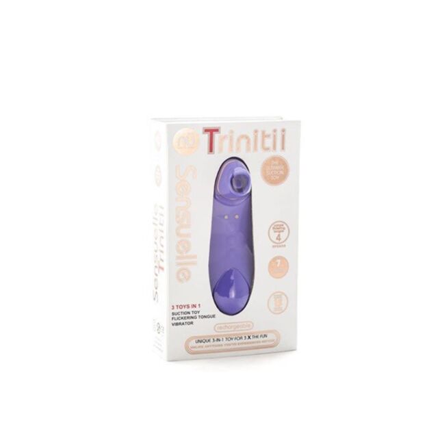 Green background with white text reading No Image. Below, a white silicone icon depicting the Sensuelle Trinitii Suction Tongue Vibe Ultra Violet, resembling a rocket flying through space, surrounded by stars and a circle.