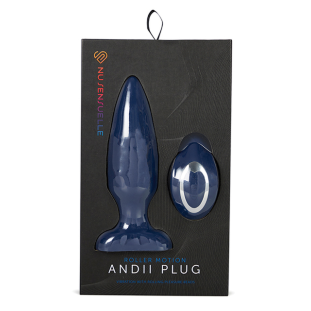 A graphic of the Sensuelle Andii Plug in its deep navy blue shade, illustrated as a rocket simulating G-spot stimulation as it flies through a circular path surrounded by stars on a green background. The words "No Image" hover above this intriguing design