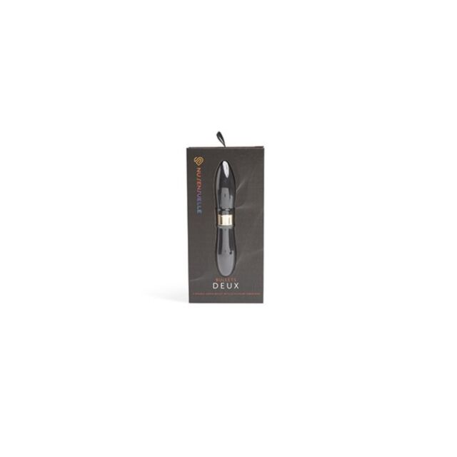 A gray silhouette of a rocket, crafted in body-safe silicone, flies upwards with stars around it, enclosed in a circle on a green background. Above the USB rechargeable Sensuelle Deux Bullets Dual Stim Black, the words "No Image" are written.