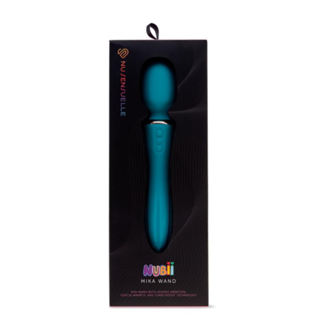 A blue background showcases a gray illustration of the Sensuelle Nubii-Mika Mini Wand, enhanced by Turbo Boost Technology, soaring over a planet with stars. Text reads "No Image.