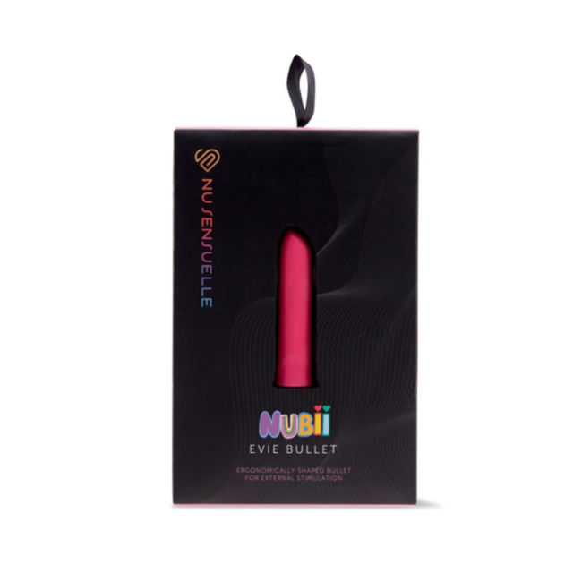 A silhouette of a rocket surrounded by stars against a green background reflects the sleek design of the Sensuelle Nubii-Evie Slanted Bullet-Pink. The text "No Image" hovers above, suggesting its body-safe appeal and inviting 10 vibration functions.