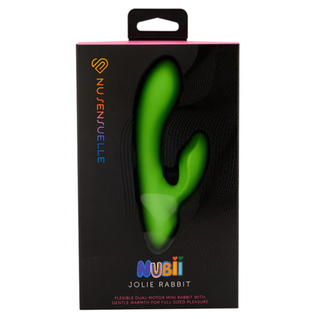 The image displays a lime green Sensuelle Jolie Nubii Mini Rabbit vibrator in its packaging, set against a black background with vibrant branding. It highlights its dual-motor features and versatile vibration patterns for increased pleasure.
