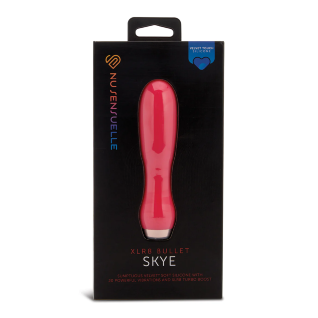 The image showcases a box containing the Sensuelle Velvet Touch XLR8 Bullet Skye-Hot Pink. The packaging highlights its velvet touch silicone, 20 powerful vibrations, and an exhilarating turbo boost, all set against a sleek black background.