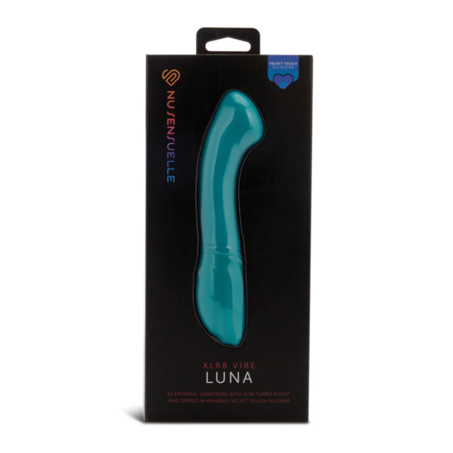 An emerald green Sensuelle Velvet Touch XLR8 G Spot Vibe Luna, featuring a curved silicone design, comes in a black box with product name and description. A blue heart icon at the top right highlights “Velvet Touch Silicone.”.