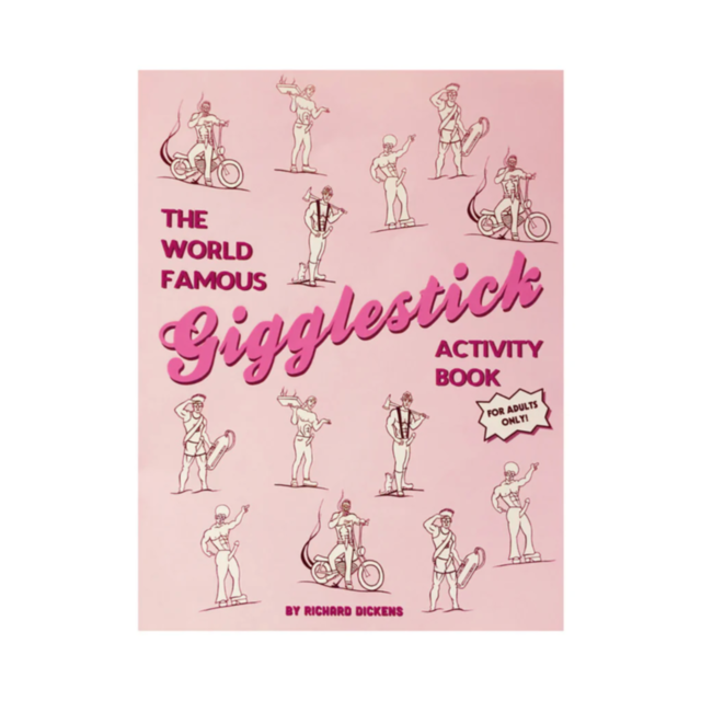 Add a touch of cosmic flair to your bachelorette parties or get inspired in your adult coloring book with the Wood Rocket-World Famous Giggle Stick Activity book, featuring a green image with a gray silhouette of a rocket encircled by stars and a planet, 
