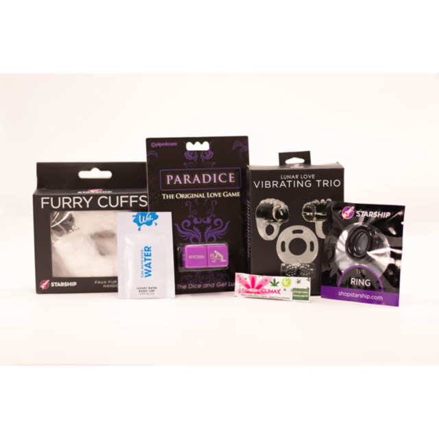 Explore the Curated Kit by Starship: Naughty Beginners Kit, offering a selection of adult products on a crisp white background, including furry cuffs, Paradise Love Dice, a vibrating trio ring, lubricant sachet, and climax enhancer. Bold packaging design 