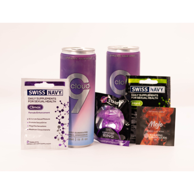 The Curated Kit by Starship - Fuckable Date Night Kit features two purple Cloud 9 aphrodisiac drink cans, Swiss Navy daily supplements for sexual health packets, a vibrating ring, and a libido warming gel sachet, all elegantly displayed on a white backdro