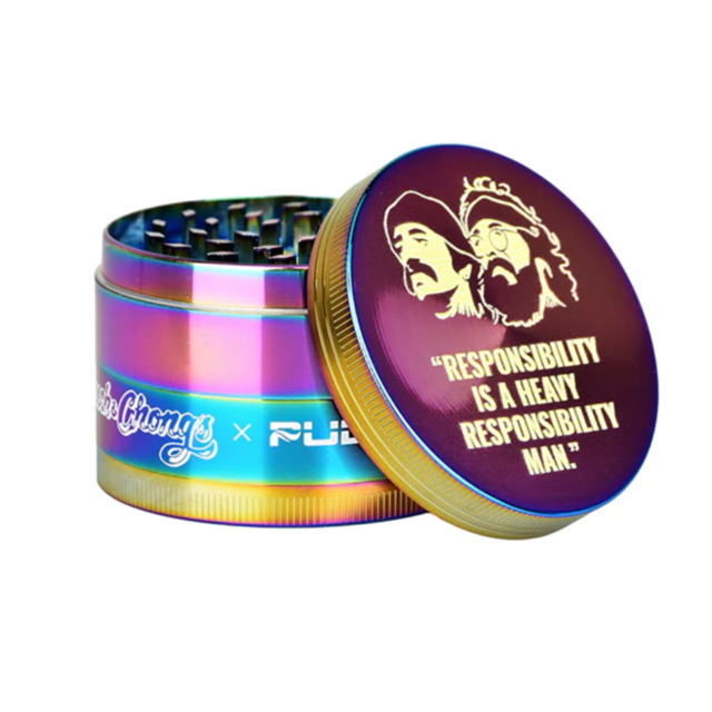 A red tint abstract background with white dotted patterns displays the word volleyball in a stylized white font, while scattered dots resembling confetti enhance the vibrancy, echoing the lively sparkle of the 4pc 2.5in Cheech & Chong X Pulsar Metal Rainb