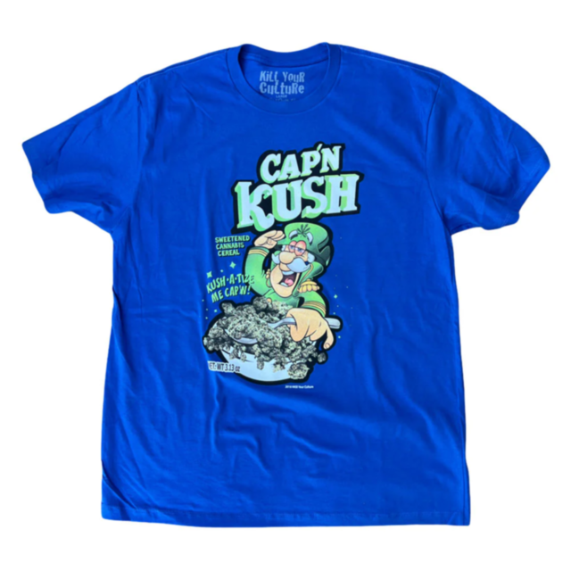 A green square featuring a gray rocket and stars within a circle captures the timeless elegance of vintage screen prints. The phrase "No Image" appears in gray above the icon, reflecting the subtle style associated with the KYC Cap'N Kush T-Shirt Med.